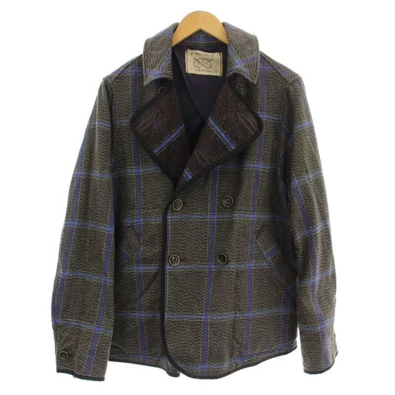キャピタル kapital 四国山城工場産 Pコート チェック柄 ヘリンボーン織り ピーコート M 茶 青 ブルー G