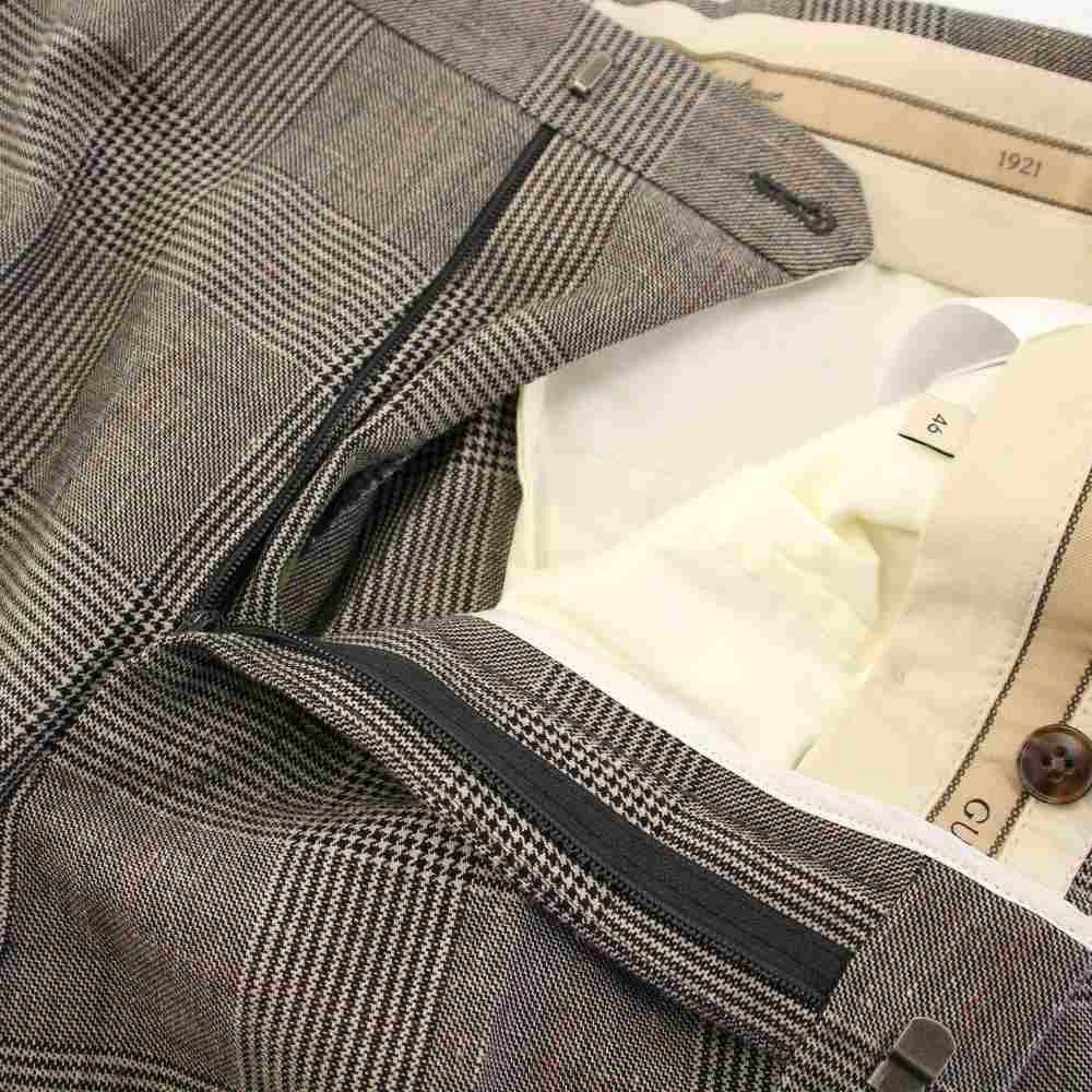 未使用品▼GUCCI グッチ 707294 リネン ウール チェック柄 パンツ スラックス グレー ベージュ 44 イタリア製 正規品 メンズ グッチ GUCCI タグ付き パンツ スラックス グレンチェック 46 グレー