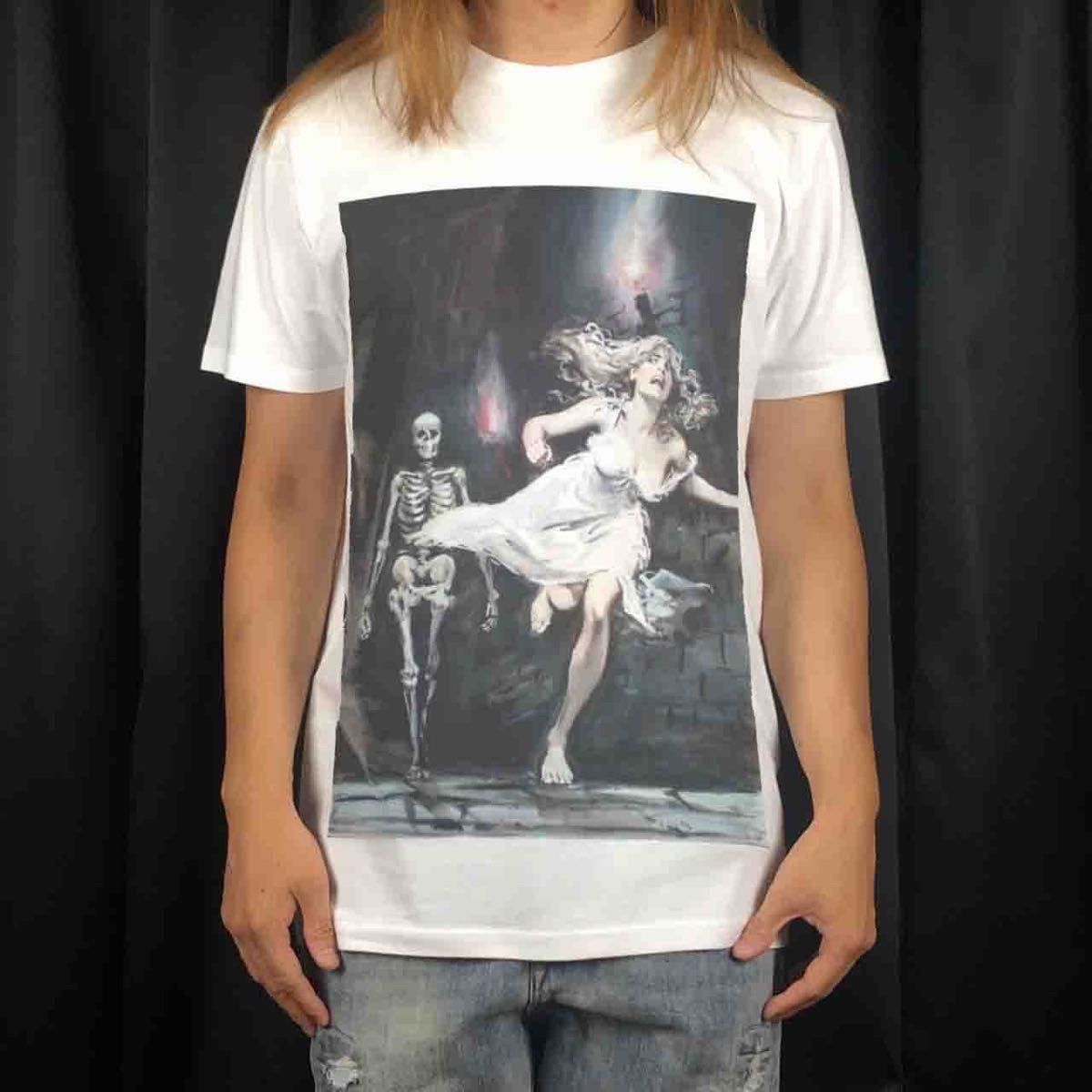 オリジナル Tシャツ ビッグ プリント レトロ クラシック ホラー 骸骨 モンスター 逃げる 女性 S M L XL タイト ジャスト 大きい オーバーサイズ メンズ レディース ユニセックス ピンククリーム