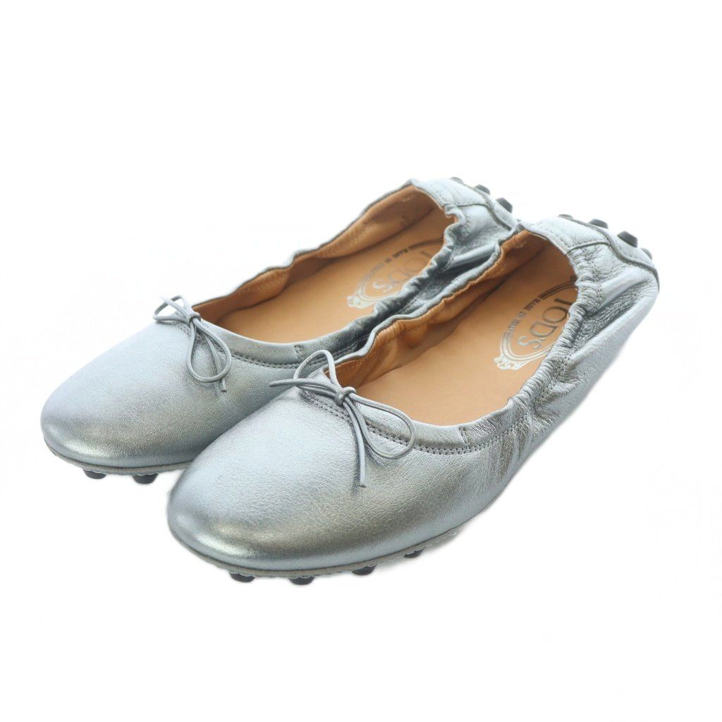 トッズ TOD S Gommino フラットシューズ ドライビングシューズ バレエシューズ 38 24 cm シルバー色 リボン RI OS
