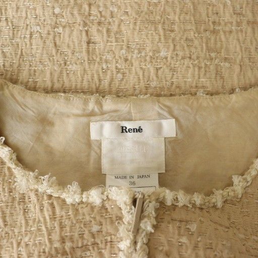 ルネ Rene ワンピース 36 ベージュ ノースリーブ ツイード調 ラウンド