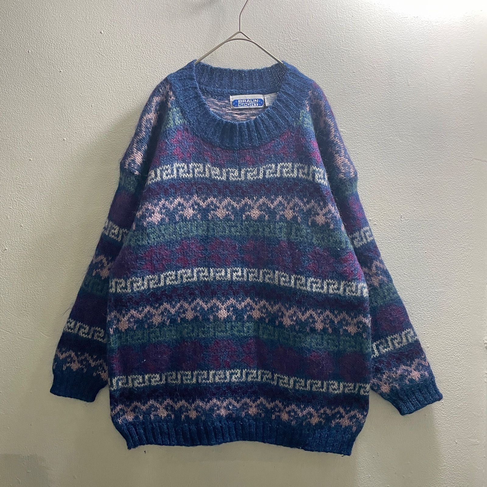 USA 90 s モヘア ヴィンテージ アメリカ 総柄 青 ニット シャギー セーター