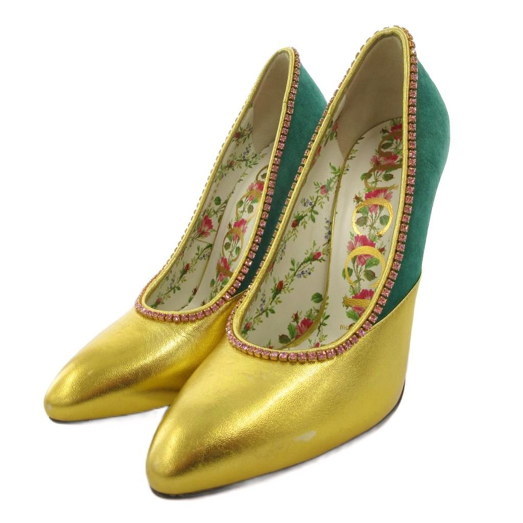グッチ GUCCI パンプス ハイヒール スエード パイソン型押し メタリック ビジュー 花柄 34 5 マルチカラー 489345 FF GY 19
