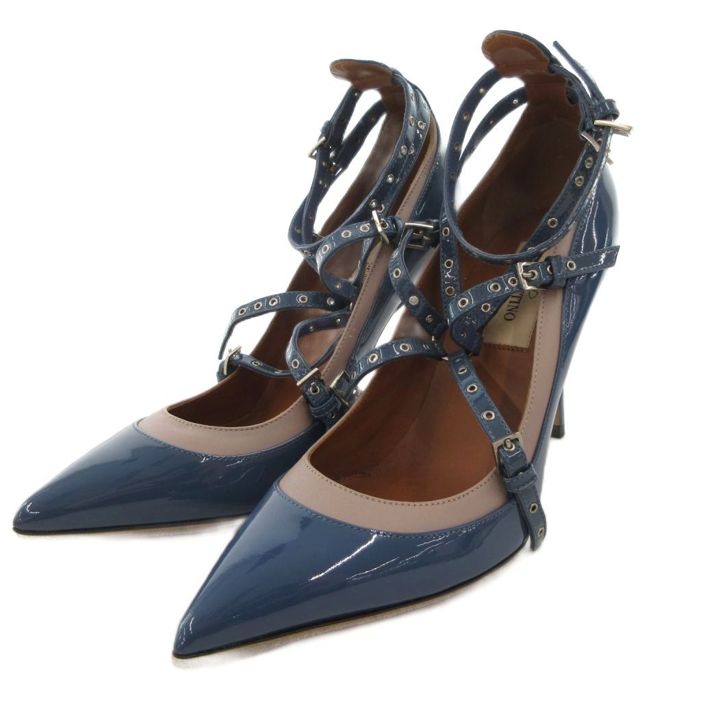 ヴァレンティノ ガラヴァーニ パンプス ハイヒール パテントレザー ポインテッドトゥ アンクルストラップ 35 5 青 ブルー FF GY 18