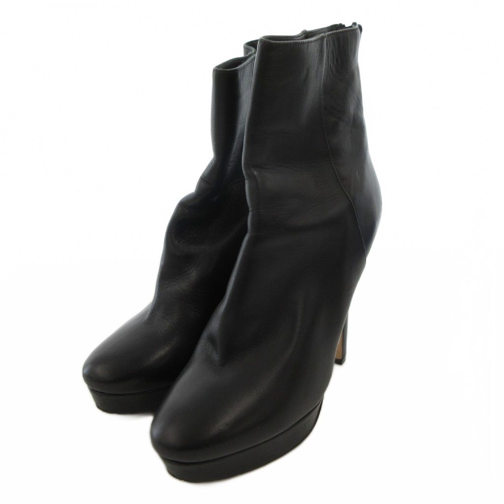 ジミーチュウ JIMMY CHOO ショートブーツ ハイヒール 厚底 ラウンドトゥ レザー 37 5 黒 ブラック FF GY 19