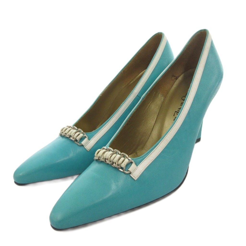 イヴサンローラン YVES SAINT LAURENT パンプス レザー 35 5 青 ブルー ポインテッドトゥ ハイヒール チェーン FF GY 11