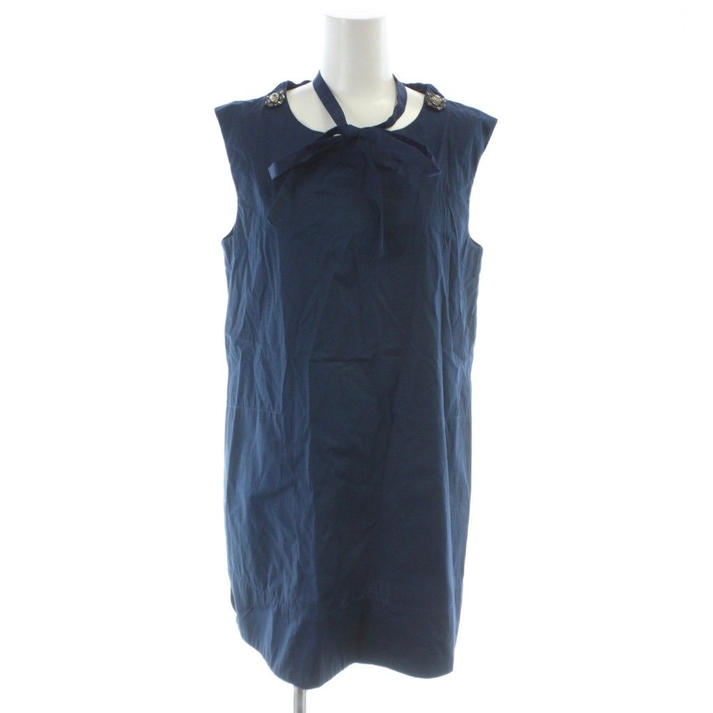 Sマックスマーラ S Max Mara ノースリーブワンピース ひざ丈 42 紺 ネイビー リボンタイ 肩装飾 ビジュー KW GY 99