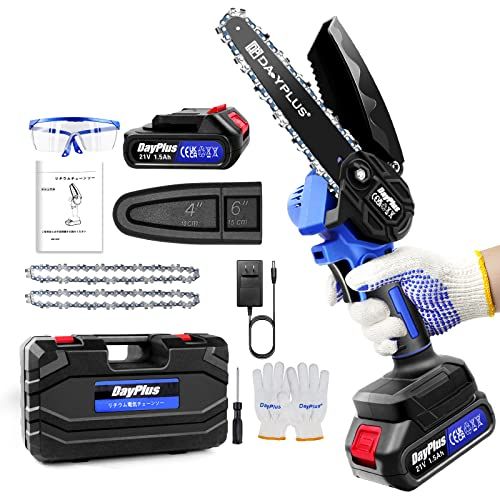 DayPlus コードレスチェンソー なブラシレスモーター21 V マキタ対応18 Vバッテリー互換 バッテリ搭載 6インチ電動チェーンソー 小型チェーンソー 強力 軽量 片手 木工切断 薪作り 園芸設備 枝切り 庭木の剪定等 充電式電動のこぎり 日本語取