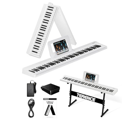 TERENCE 電子ピアノ 88鍵盤 折り畳み式 キーボード タッチレスポンス鍵盤 4ユニットスピーカー生ピアノと同じ鍵盤サイズ MIDI対応 キーボードスタンド ペタル付き 充電型 128種音色 コンパクト 持ち運び便利 子供の音楽啓発 初心者練習