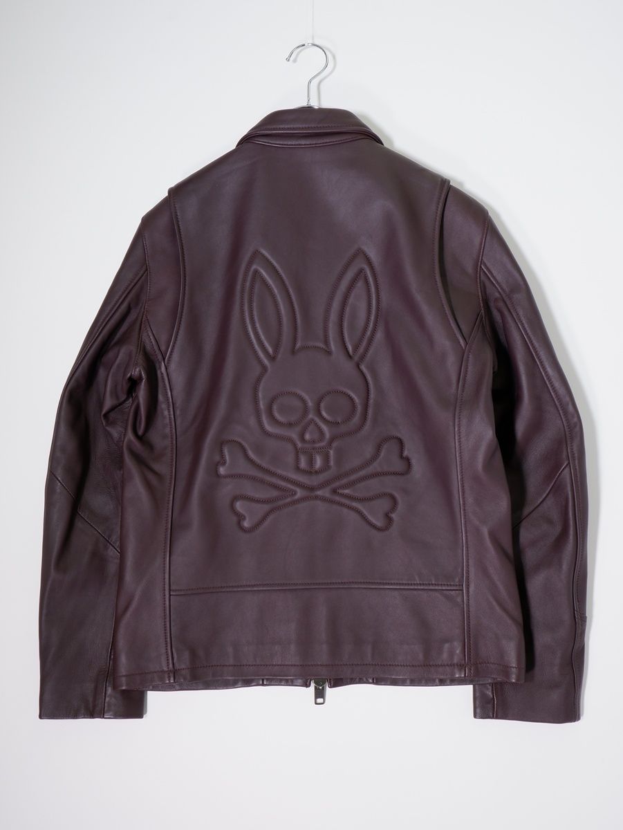 Psycho Bunnyサイコバニー 羊革シープレザー エンボスロゴ シングルライダース トラッカージャケット M