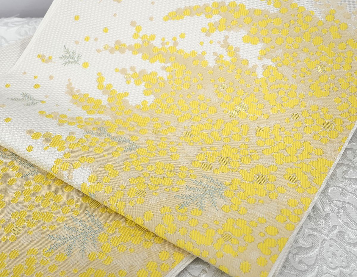 新品未仕立 博多帯 協和織 八寸名古屋帯 ミモザ柄 仕立代込み - メルカリ