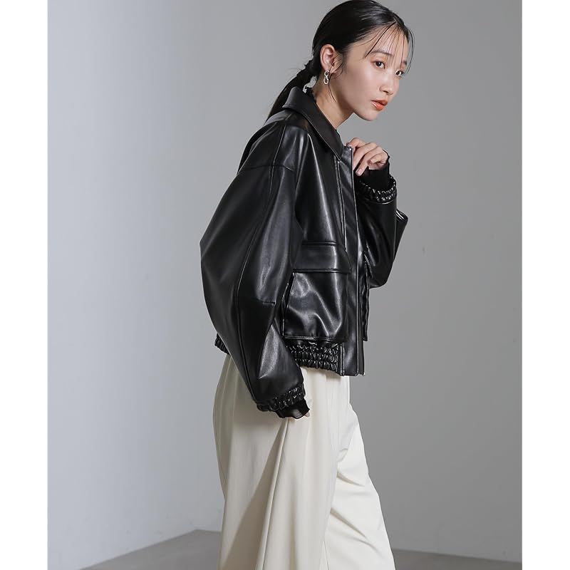 ナノ ユニバース フェイクレザー ショート ブルゾン セットアップ可 レディース S 010 ブラック 669 4212304