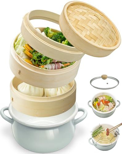 DQ CORAL IH対応＆ガス火対応 ホーロー 両手鍋 22 cm ブルーグレー 2段 せいろ 21 セット ガラス蓋付 揚げ物 天ぷら 鍋 琺瑯 焦げ付きにくい 鍋料理 すき焼き鍋 煮物 おでん 蒸し器 中華せいろ 職人手作り 健康 1 bd 5 ec 40