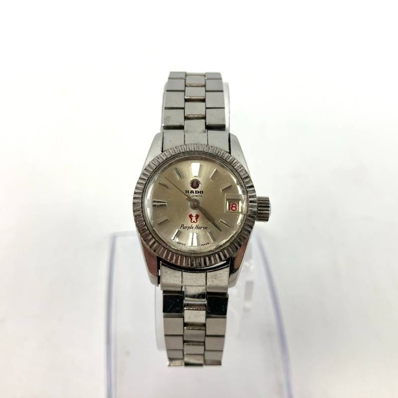 稼働品 RADO ラドー 腕時計 パープルホース アナログ 機械式 手動巻き 25石 デイト シルバー文字盤 3針 金属ベルト シルバー 防水 タツノオトシゴ