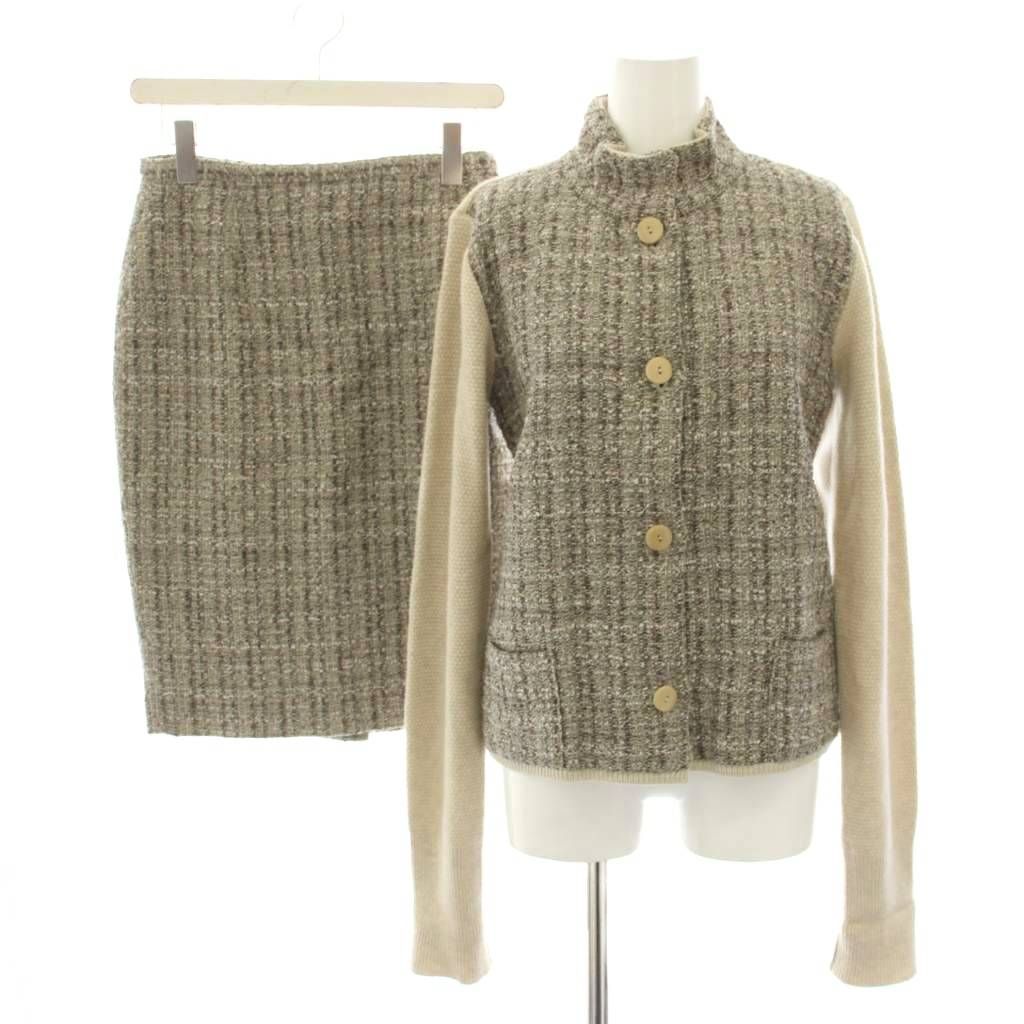 マックスマーラ MAX MARA セットアップ 上下 ニットジャケット アウター M スカート ひざ丈 タイト 38 カシミヤ混 絹 シルク混 茶 ブラウン グレー YT