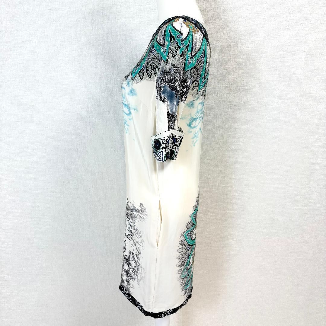  ETRO 五分袖ワンピース シルク 42 オフホワイト 総柄 半袖 ひざ丈ワンピース