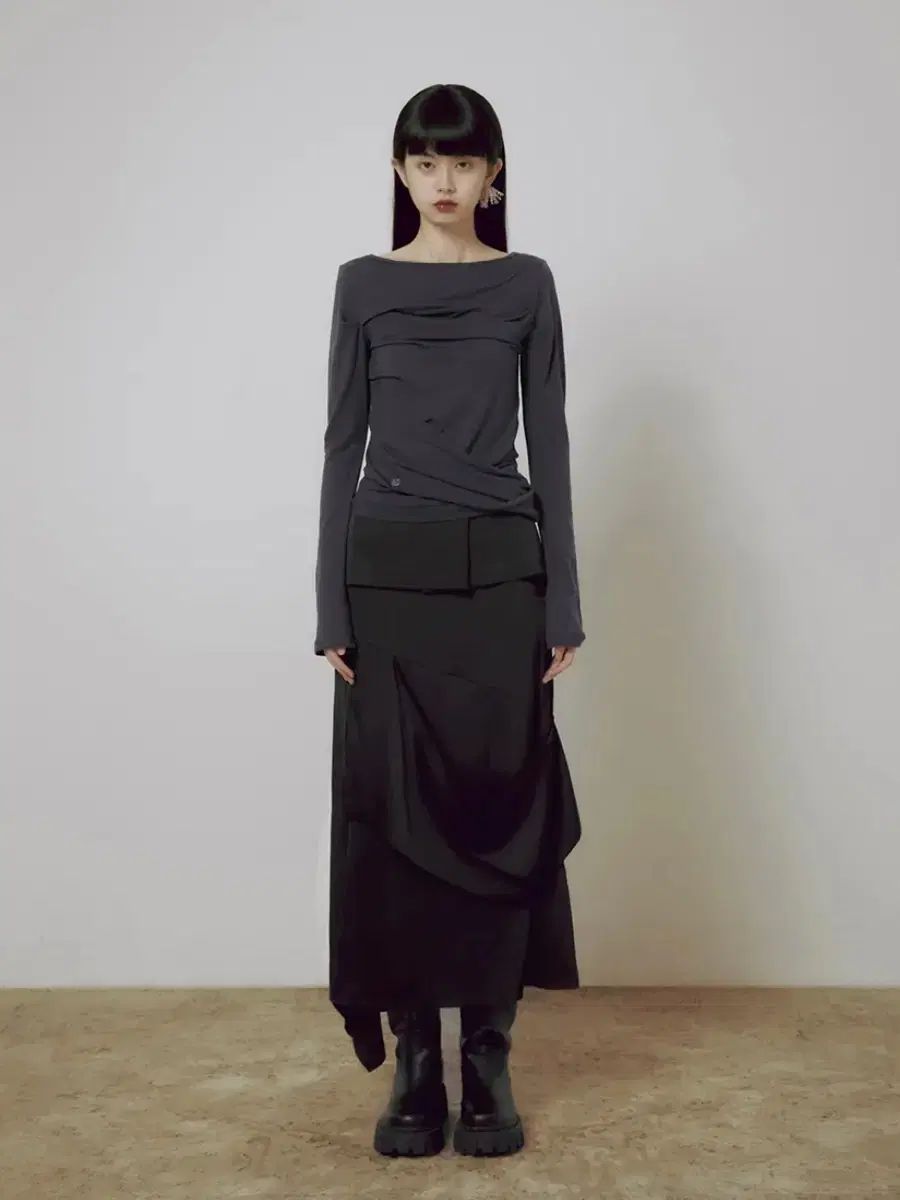 フ アップ ドレープ レイヤード マキシ スカート ブラック