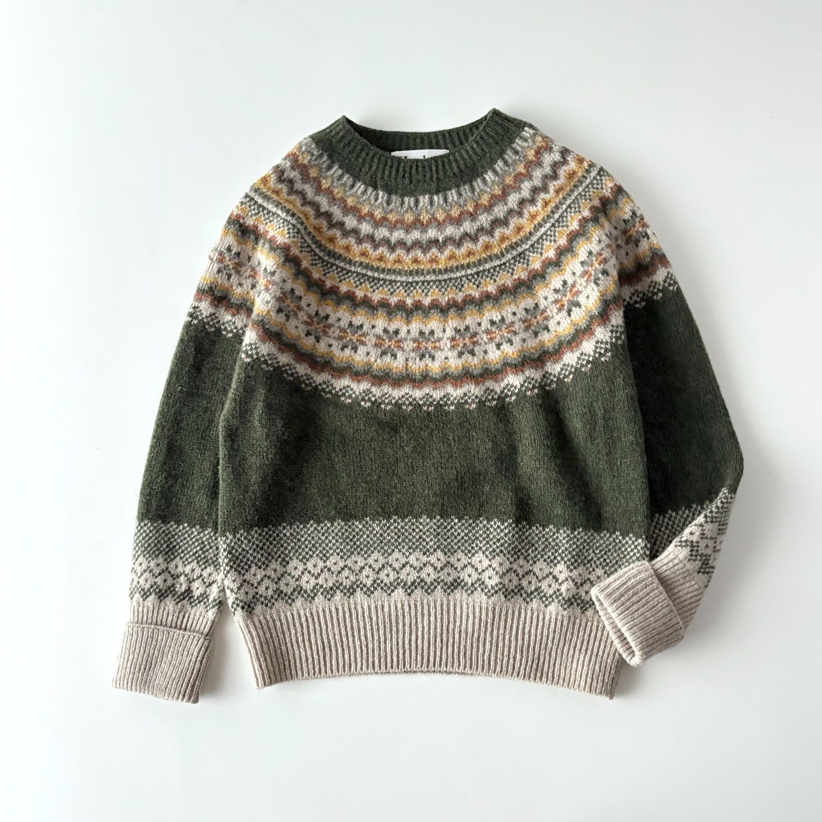 Harley of Scotland ハーレー オブ スコットランド シェットランドウール フェアアイル柄 クルーネック プルオーバー ニット セーター ユニセックス 38 カーキ ベージュ スコットランド製 毛 トップス