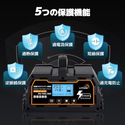  全自動パルスバッテリー充電器 LVYUAN リョクエン 自動パルスバッテリー充電器 定格20 A 12 V 24 V対応 維持充電 緊急時 全自動 スマートチャージャー バッテリー診断機能付 AGM GEL車充電 LiFePO 0 ad 8154 その他 キッチン 食器