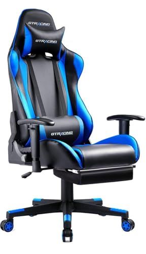 GTRacing ゲーミングチェア オフィスチェア デスクチェア ゲーム用チェア リクライニング パソコンチェア ハイバック ヘッドレスト ランバーサポート ひじ掛け付き 高さ調整機能 PUレザー オットマン付き ブルー GT 002 F BL c 68 56 a 5