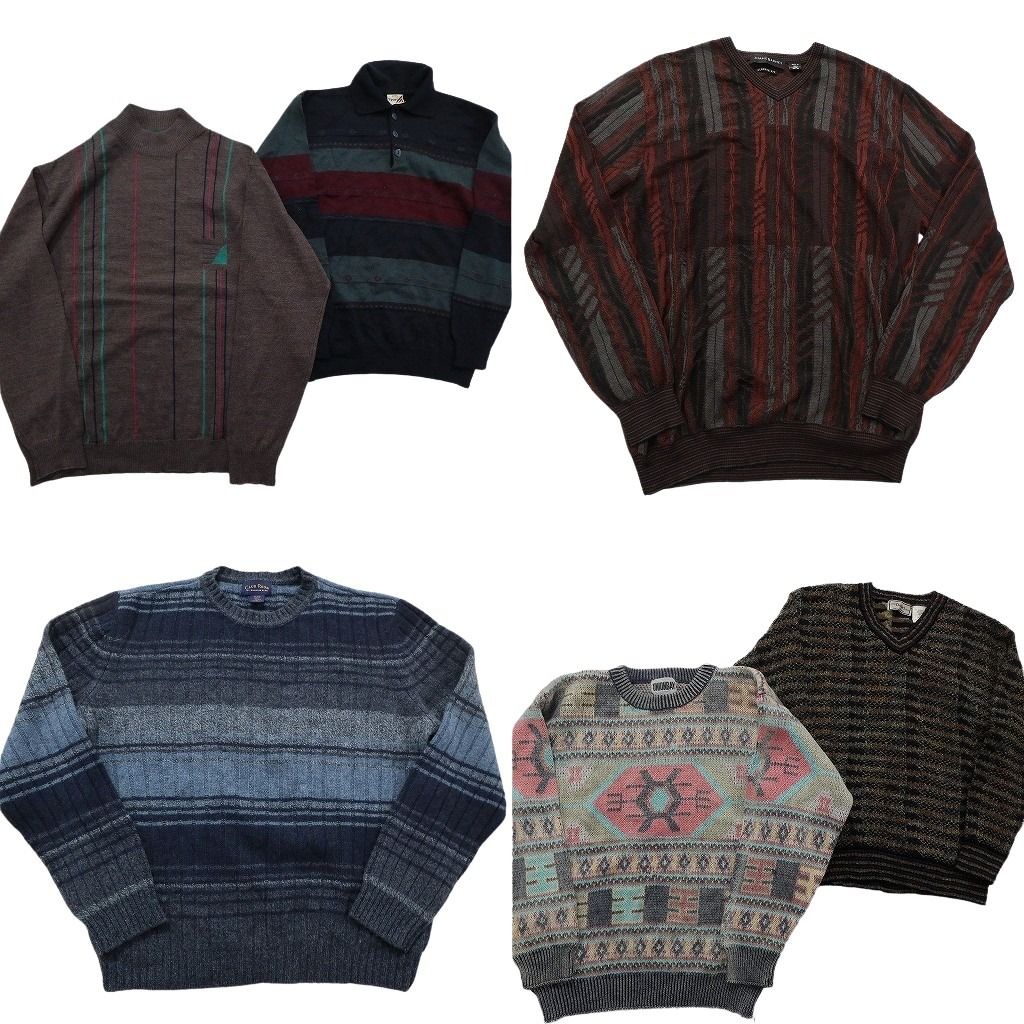 未検品 古着卸 まとめ売り 総柄 セーター セット メンズ M ポロニット ネイティブ柄 Vネック 古着 ND 2539