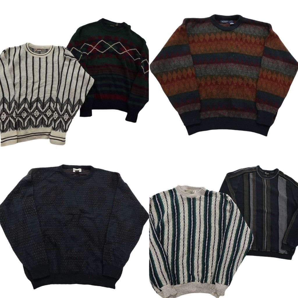 未検品 着卸 まとめ売り 総柄 セーター セット メンズ L クルーネック ダイヤ柄 ストライプ 古着 ND 2537