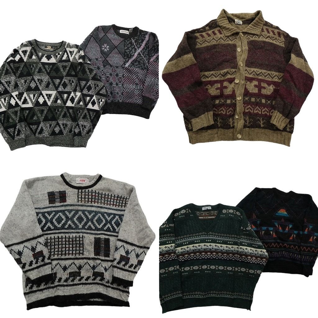 未検品 古着卸 まとめ売り 総柄 セーター セット メンズ XL カーディガン モノトーン クルーネック 古着 ND 2535