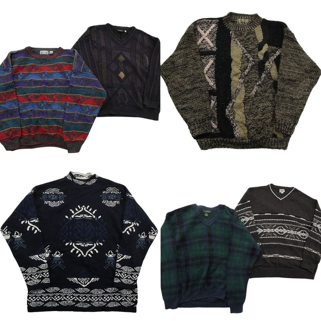 未検品 古着卸 まとめ売り 総柄 セーター セット メンズ XL チェック Vネック ローゲージ マルチカラー 古着 ND 2534