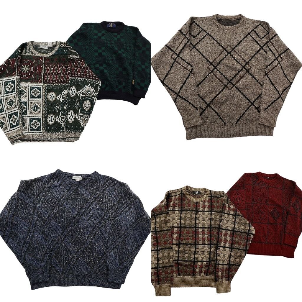 未検品 古着卸 まとめ売り 総柄 セーター セット メンズ L クルーネック 幾何学模様 チェック 古着 ND 2532