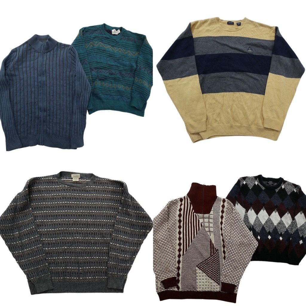 未検品 古着卸 まとめ売り 総柄 セーター セット メンズ L フルジップ リブニット スタンドカラー ダイヤ柄 古着 ND 2524