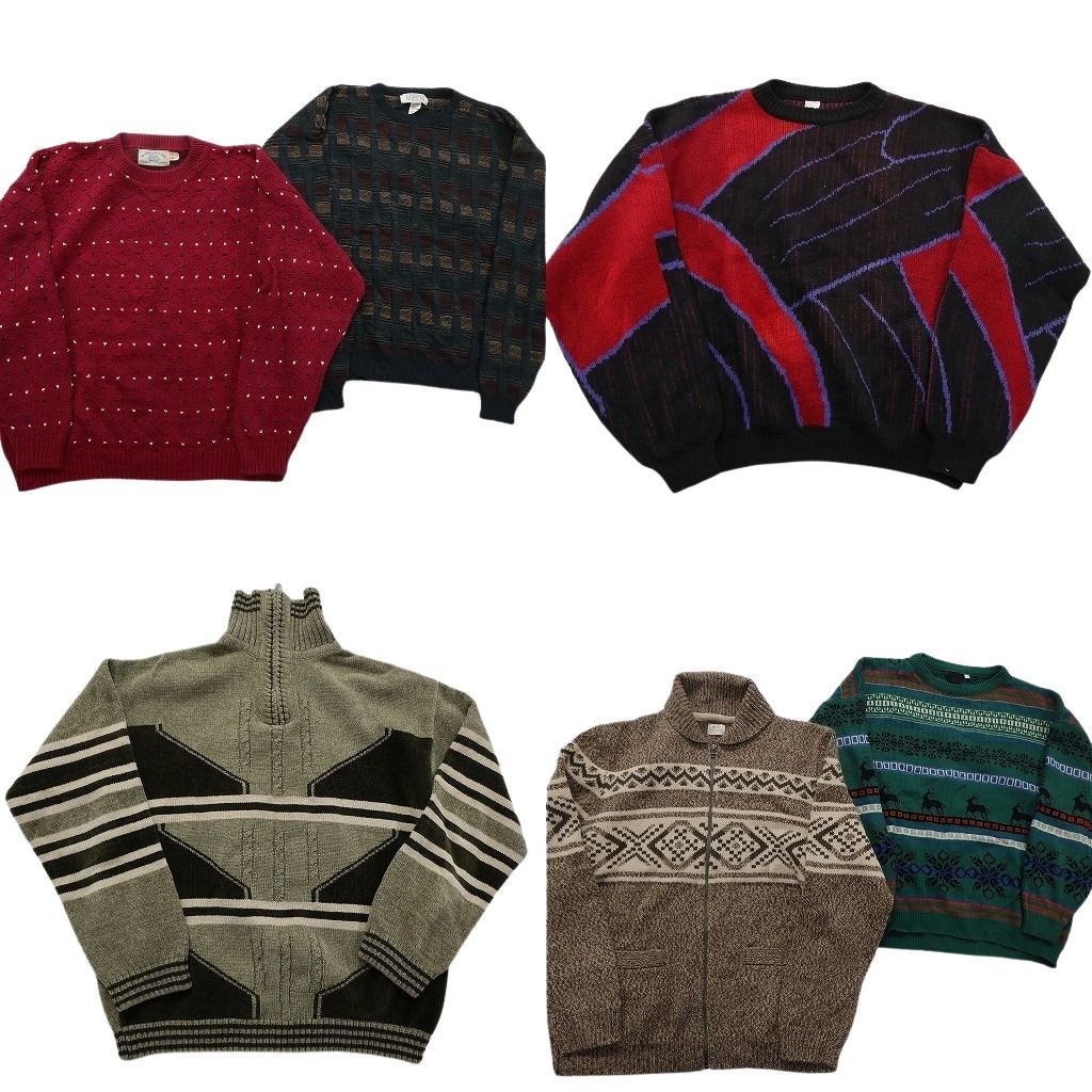 未検品 古着卸 まとめ売り 総柄 セーター セット メンズ XL フルジップ 動物モチーフ クルーネック 古着 ND 2521