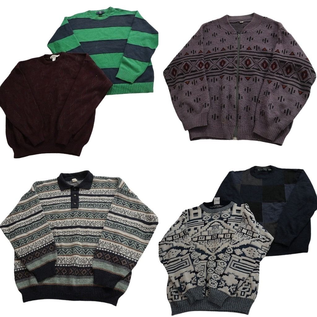 未検品 古着卸 まとめ売り 総柄 セーター セット メンズ L ボーダー フルジップ ポロニット 古着 ND 2558