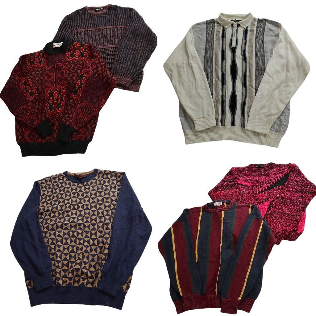 未検品 古着卸 まとめ売り 総柄 セーター セット メンズ L ポロニット ハーフジップ マルチカラー ストライプ 古着 ND 2551