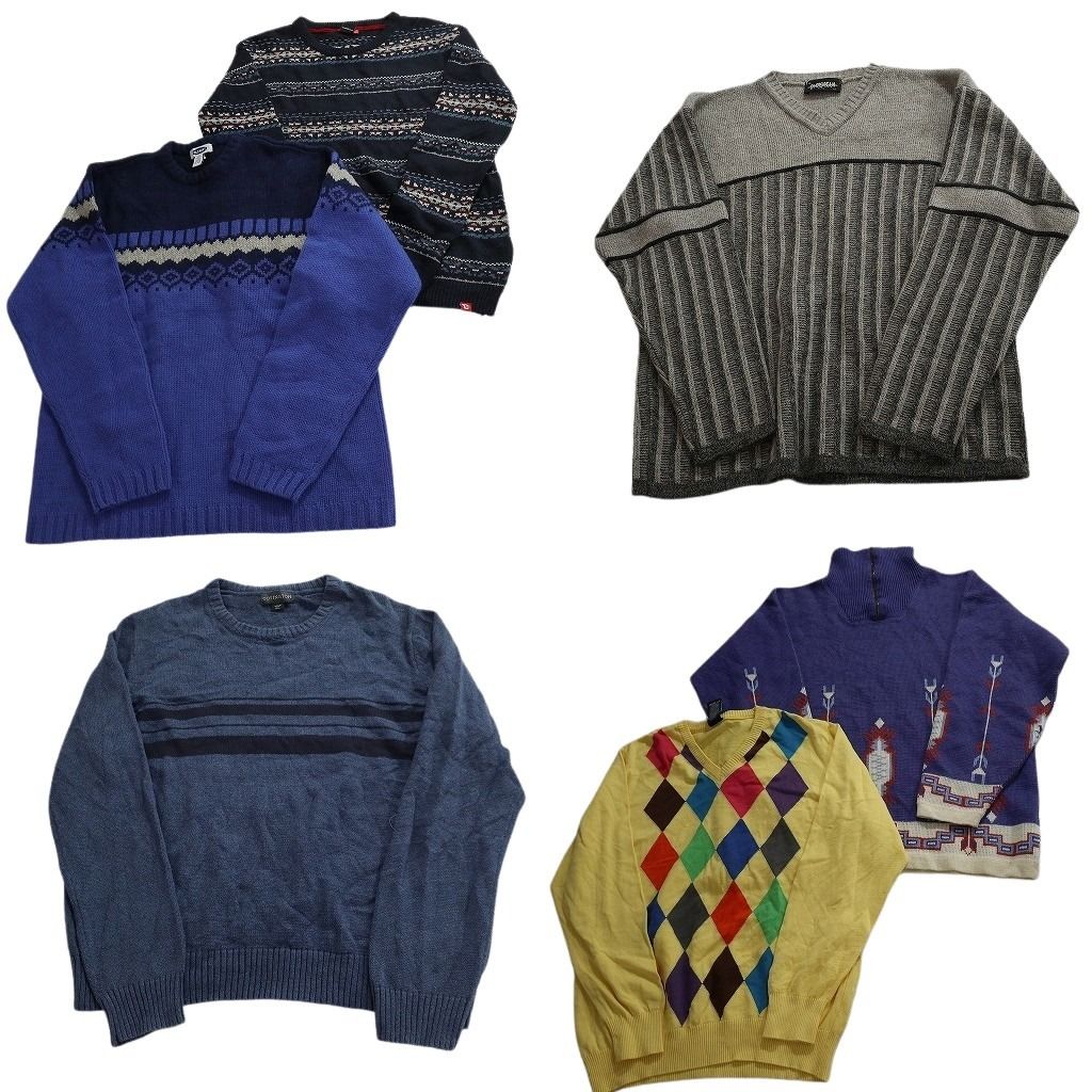 未検品 古着卸 まとめ売り 総柄 セーター セット メンズ XL ライン ハーフジップ ダイヤ柄 Vネック 古着 ND 2549