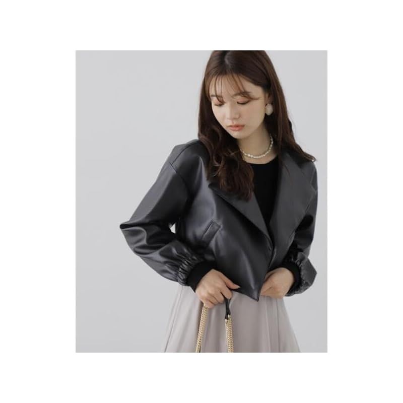 ノーカラーフェイクレザーブルゾン