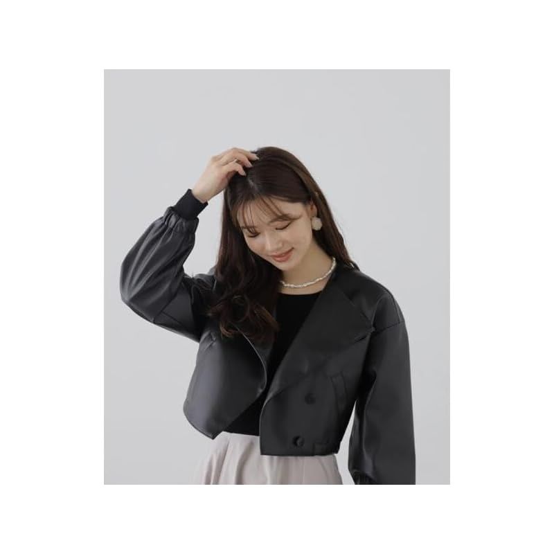  ノーカラーフェイクレザーブルゾン コート ジャケット ファッション