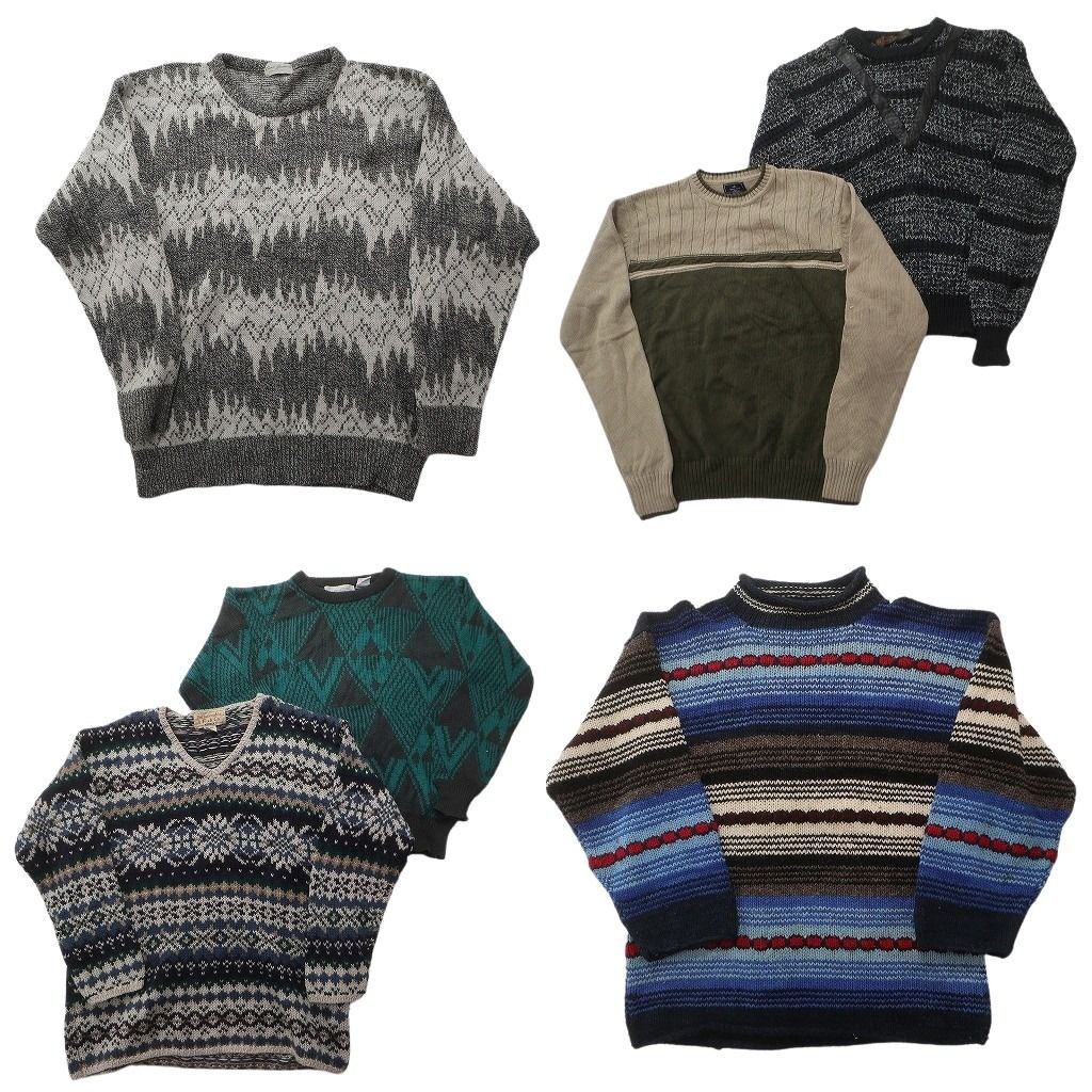 未検品 古着卸 まとめ売り 総柄 セーター セット メンズ S フェアアイル柄 幾何学模様 Vネック 古着 ND 2577