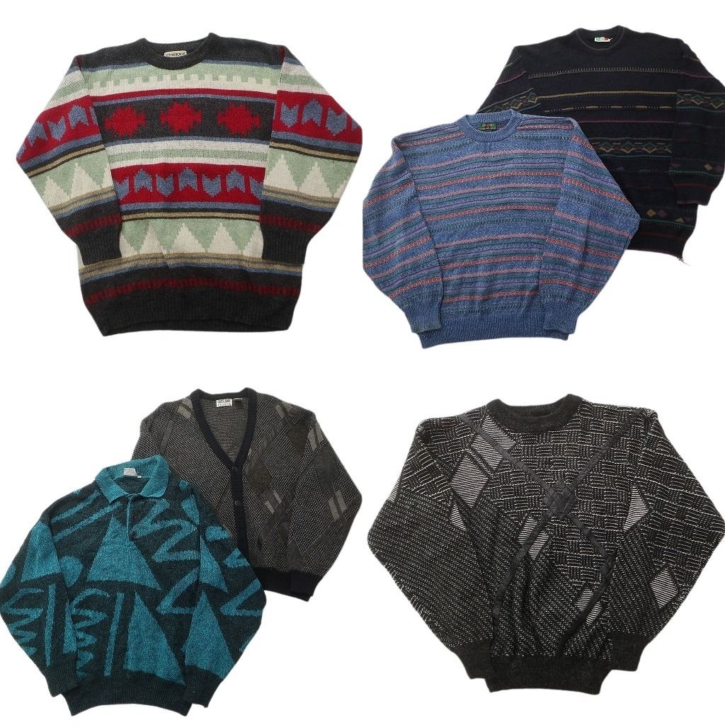未検品 古着卸 まとめ売り 総柄 セーター セット メンズ M カーディガン ポロニット 幾何学模様 古着 ND 2572