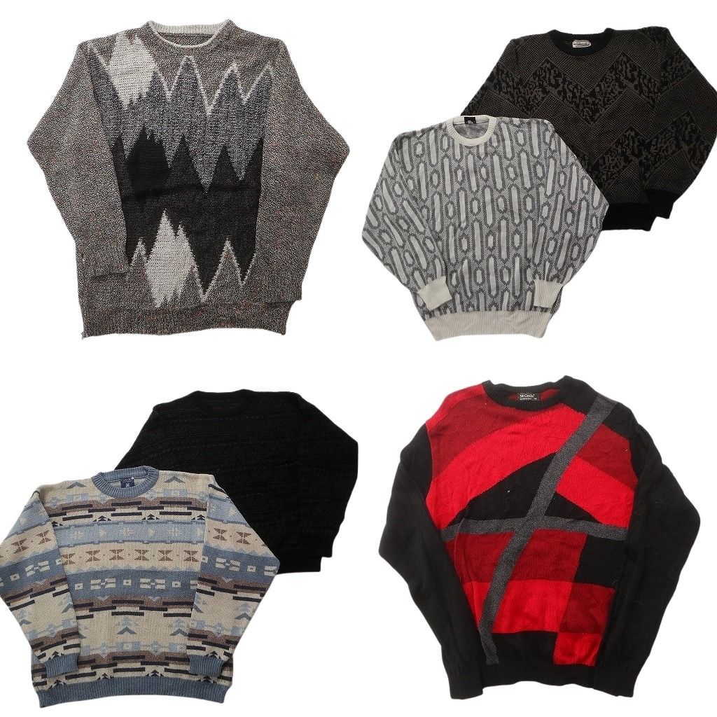 未検品 古着卸 まとめ売り 総柄 セーター セット メンズ M モノトーン 幾何学模様 クルーネック 古着 ND 2571