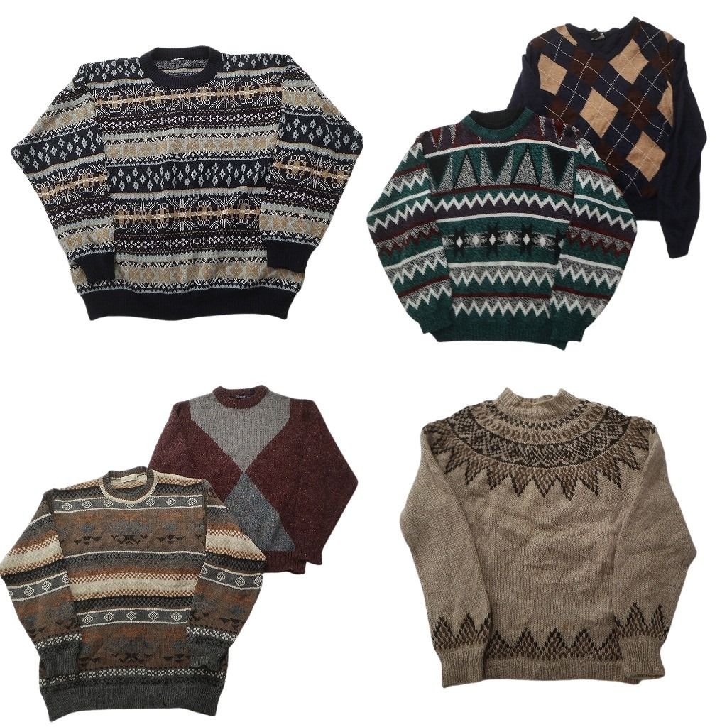 未検品 古着卸 まとめ売り 総柄 セーター セット メンズ M アーガイル柄 Vネック フェアアイル柄 古着 ND 2570