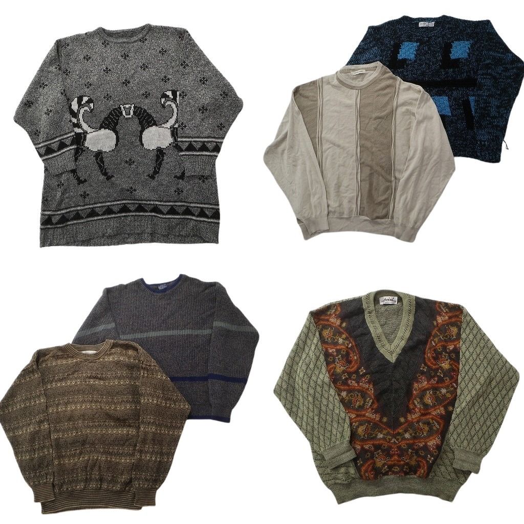 未検品 古着卸 まとめ売り 総柄 セーター セット メンズ M Vネック クルーネック ライン モノトーン 古着 ND 2569