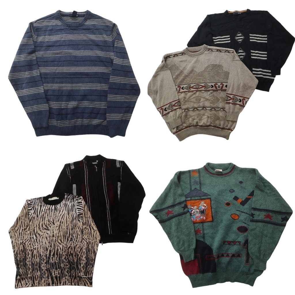 未検品 古着卸 まとめ売り 総柄 セーター セット メンズ M フルジップ ボーダー クルーネック 古着 ND 2568
