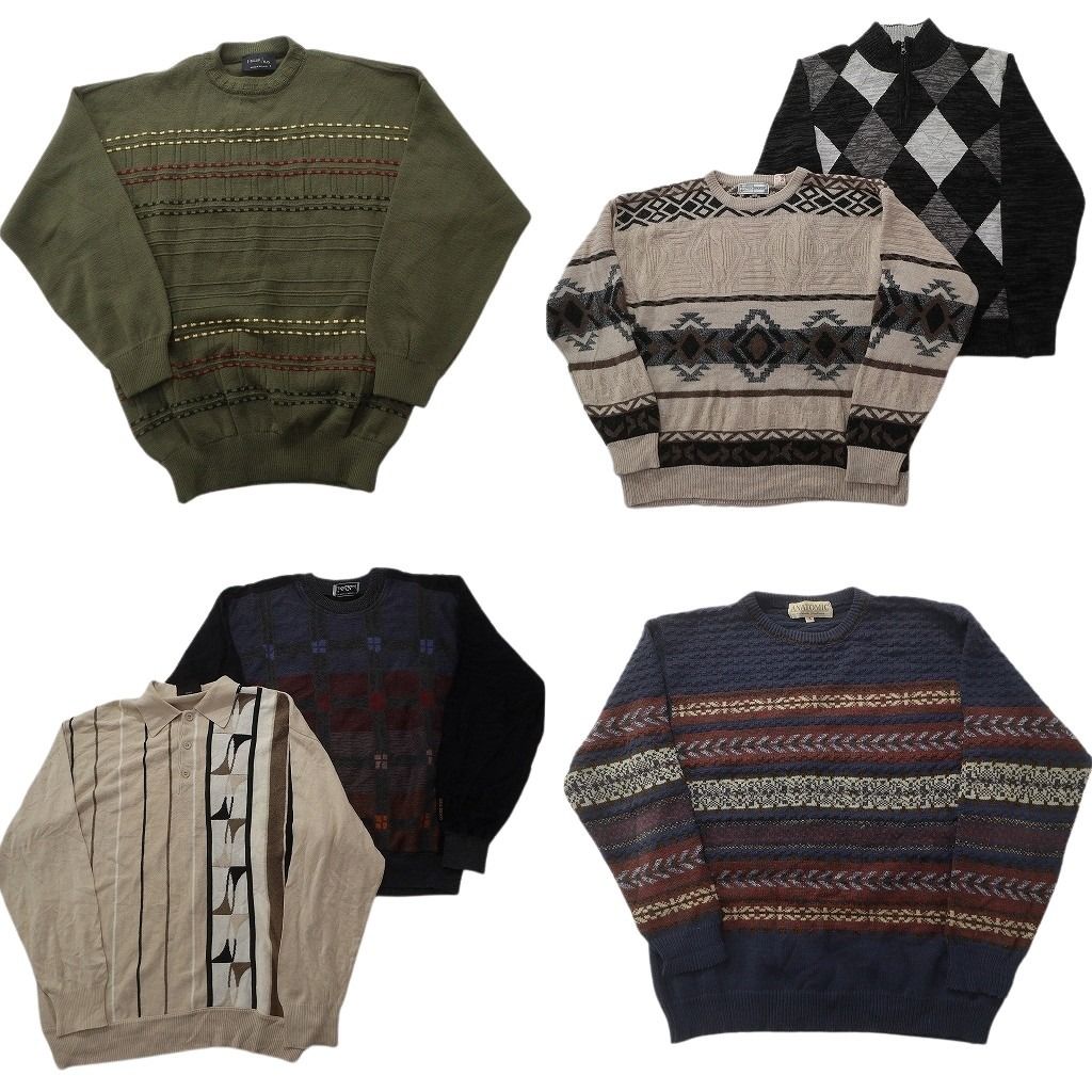 未検品 古着卸 まとめ売り 総柄 セーター セット メンズ M ニットポロ ハーフジップ ダイヤ柄 ネイティブ柄 古着 ND 2567