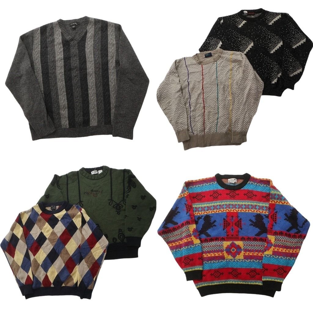 未検品 古着卸 まとめ売り 総柄 セーター セット メンズ L マルチカラー 動物モチーフ ダイヤ柄 モノトーン 古着 ND 2564