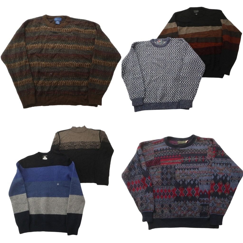 未検品 古着卸 まとめ売り 総柄 セーター セット メンズ L モックネック クルーネック ヘリンボーン柄 古着 ND 2563