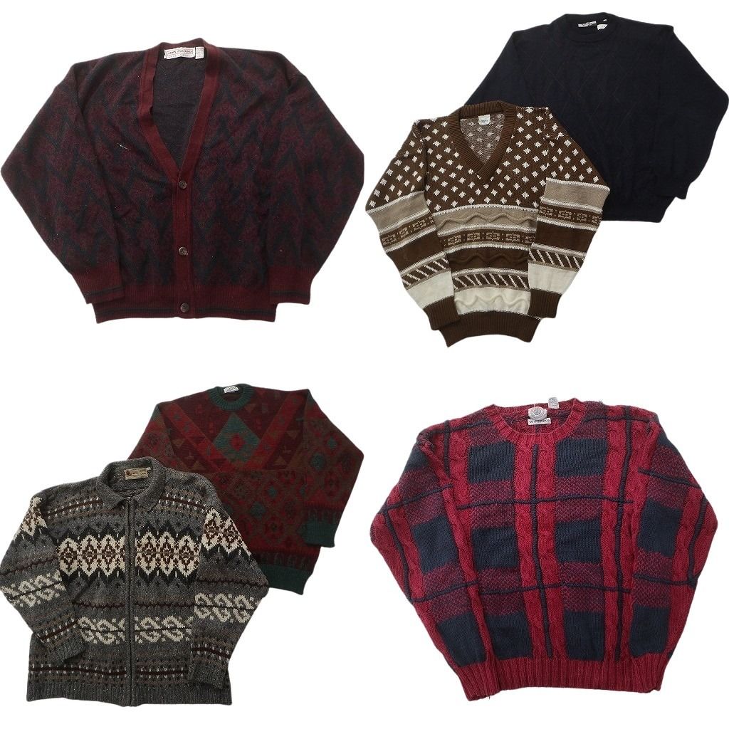 未検品 古着卸 まとめ売り 総柄 セーター セット メンズ L カーディガン フルジップ クルーネック 古着 ND 2562