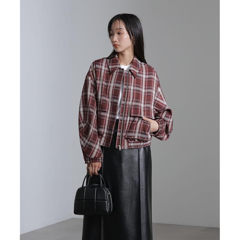 ナノ ユニバース チェック ショート ブルゾン レディース M 103 ボルドー 669 4212301