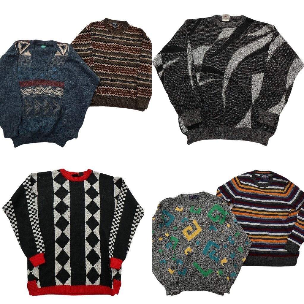 未検品 古着卸 まとめ売り 総柄 セーター セット メンズ M マルチカラー ボーダー モノトーン クルーネック 古着 ND 2582