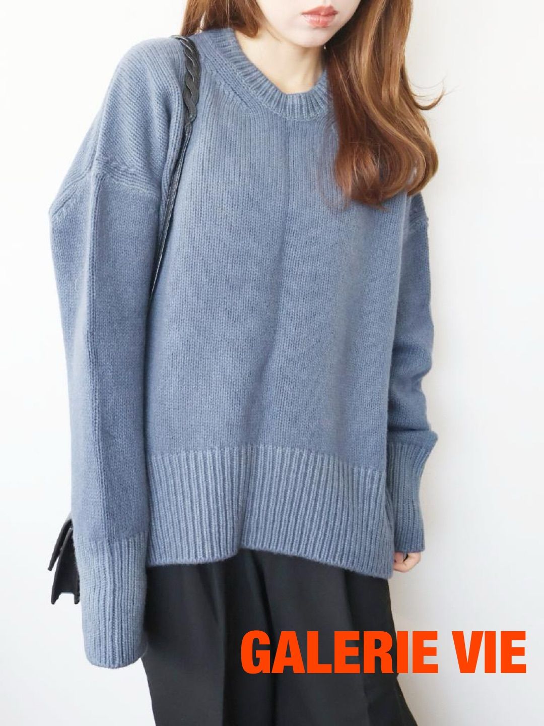 GALERIE VIE ギャルリーヴィー ファインウールスノークルーネックプルオーバー 定価29700円 日本製 M L相当 ダークブルー ニット 毛 シンプル 大人 み 6461757