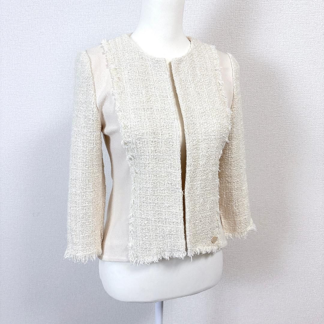 美品】 FOXEY ノーカラージャケット フック 38 オフホワイト ツイード